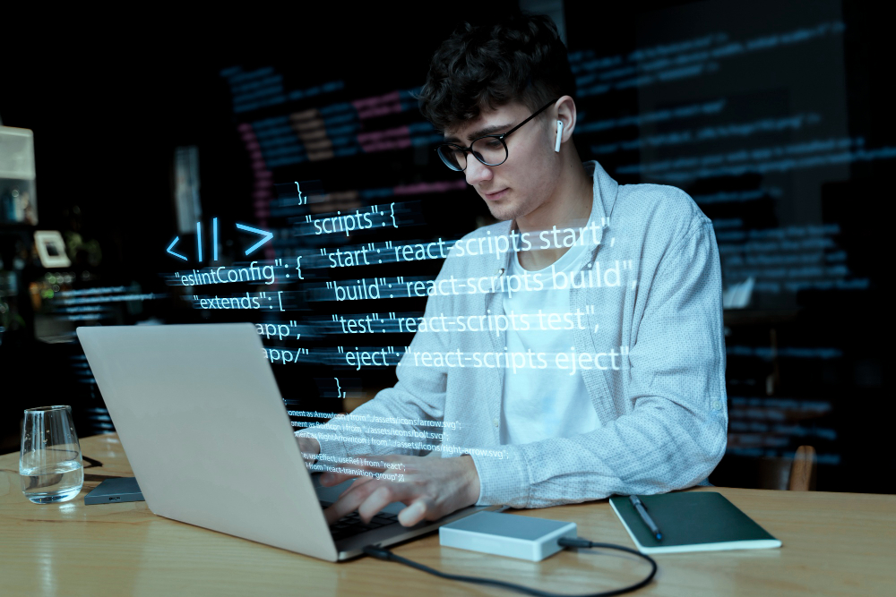 person on a computer with code graphics displayed as a hologram in front of him